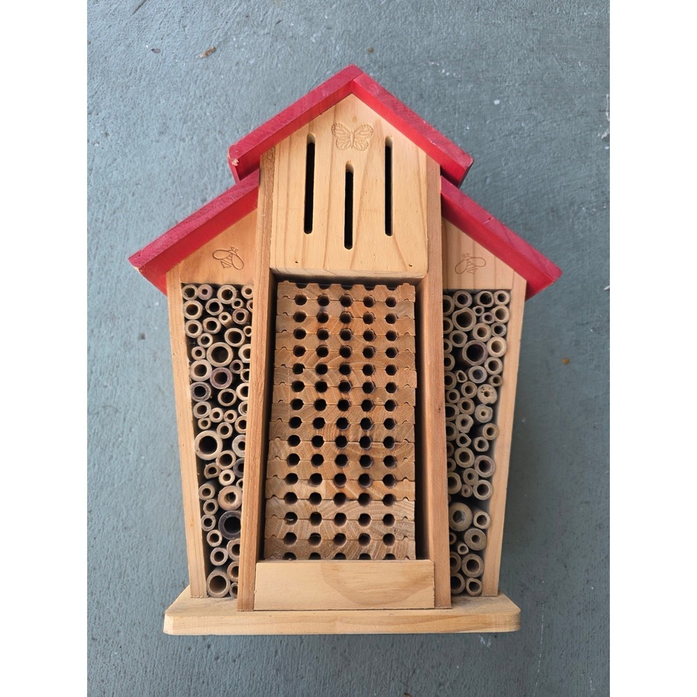 Wooden Insect Hotel Bee Butterfly House Garden Nesting Habitat Red Roof 12 In E2